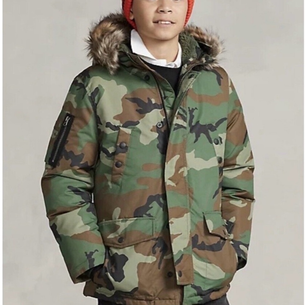 Polo by Ralph Lauren Boys Camo Puffer Jacket with Faux Fur Hood